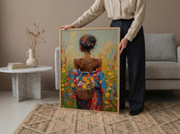 African Woman Floral Art Print, Cultural Female Wall Decor - Textured Impasto Oil Painting
