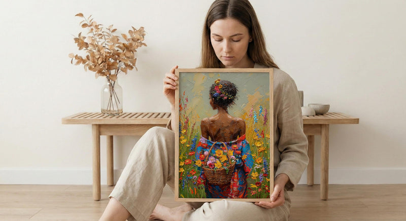 African Woman Floral Art Print, Cultural Female Wall Decor - Textured Impasto Oil Painting