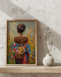 African Woman Floral Art Print, Cultural Female Wall Decor - Textured Impasto Oil Painting