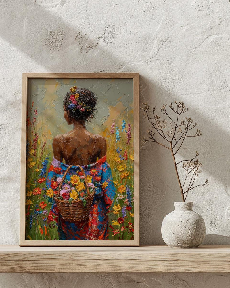 African Woman Floral Art Print, Cultural Female Wall Decor - Textured Impasto Oil Painting