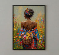 African Woman Floral Art Print, Cultural Female Wall Decor - Textured Impasto Oil Painting