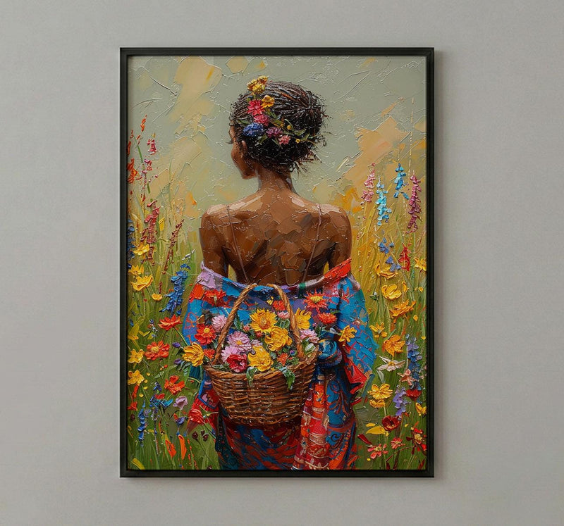 African Woman Floral Art Print, Cultural Female Wall Decor - Textured Impasto Oil Painting