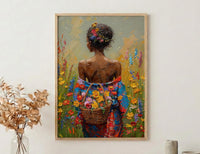 African Woman Floral Art Print, Cultural Female Wall Decor - Textured Impasto Oil Painting