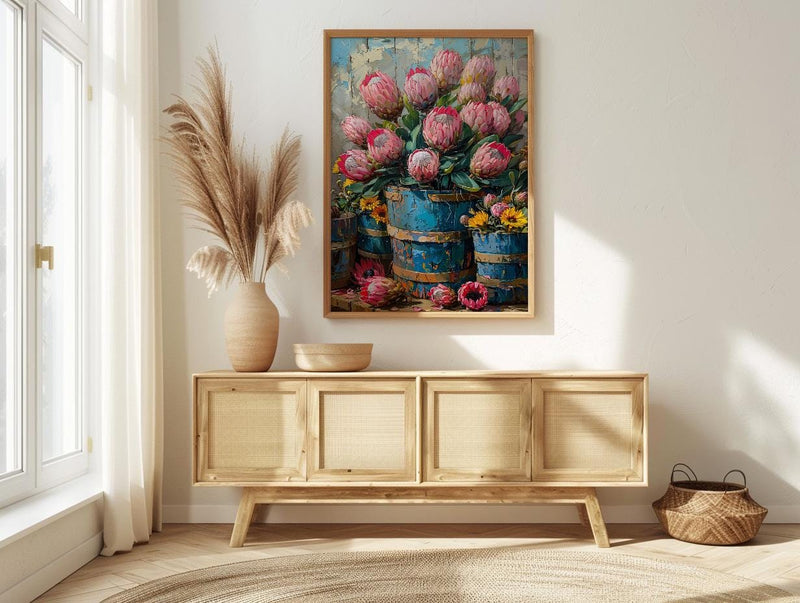 Cape Town Flower Market Poster, Pink Protea Wall Decor - Textured Impasto Oil Painting