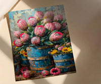 Cape Town Flower Market Poster, Pink Protea Wall Decor - Textured Impasto Oil Painting