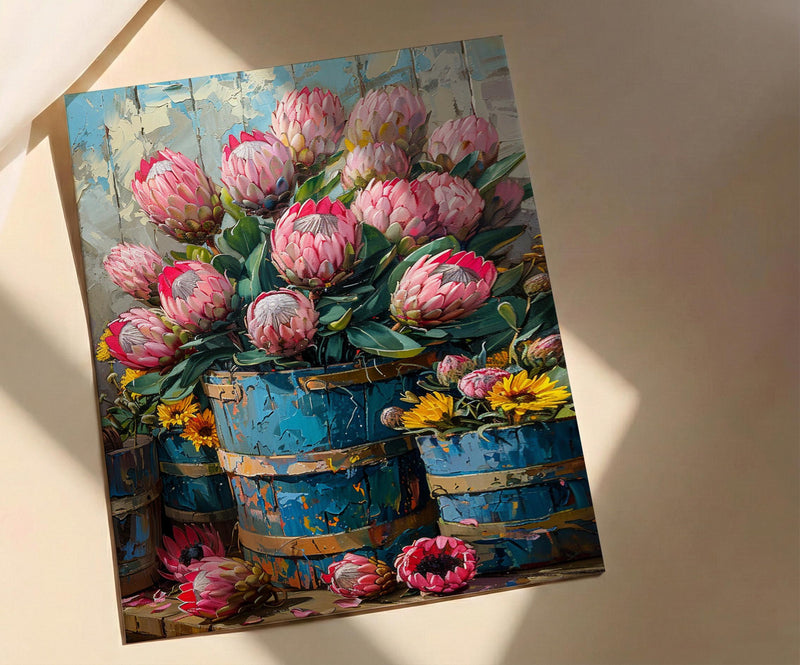 Cape Town Flower Market Poster, Pink Protea Wall Decor - Textured Impasto Oil Painting