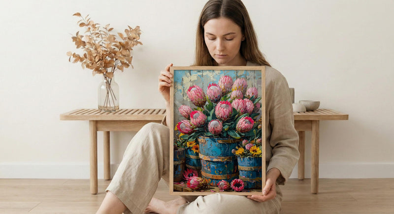 Cape Town Flower Market Poster, Pink Protea Wall Decor - Textured Impasto Oil Painting