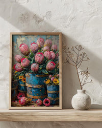 Cape Town Flower Market Poster, Pink Protea Wall Decor - Textured Impasto Oil Painting