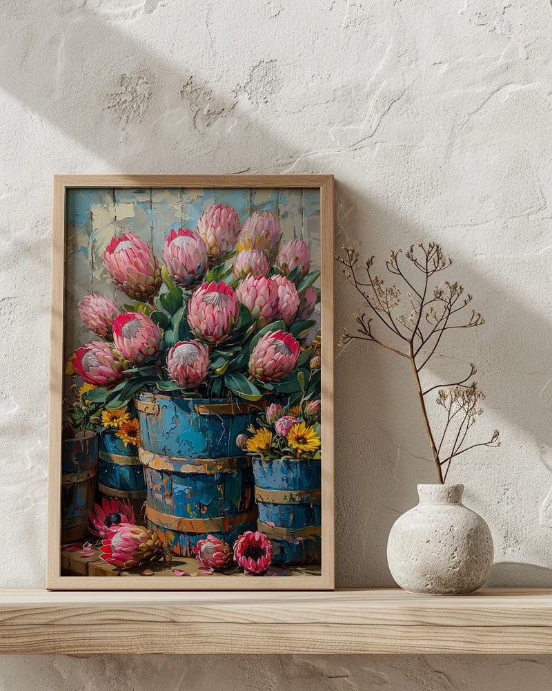 Cape Town Flower Market Poster, Pink Protea Wall Decor - Textured Impasto Oil Painting