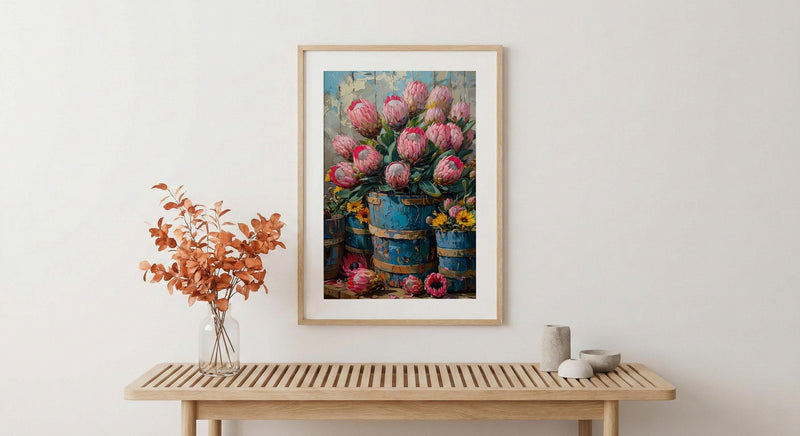 Cape Town Flower Market Poster, Pink Protea Wall Decor - Textured Impasto Oil Painting