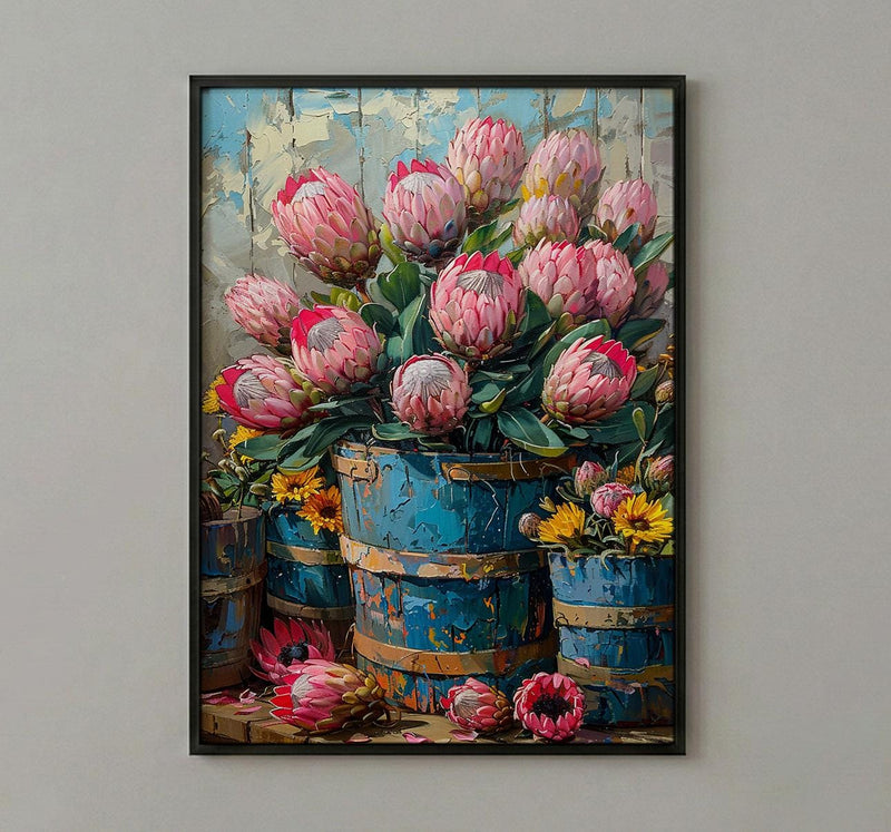 Cape Town Flower Market Poster, Pink Protea Wall Decor - Textured Impasto Oil Painting