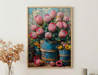 Cape Town Flower Market Poster, Pink Protea Wall Decor - Textured Impasto Oil Painting