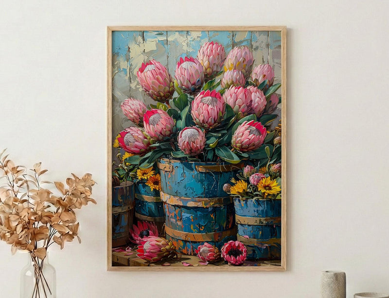Cape Town Flower Market Poster, Pink Protea Wall Decor - Textured Impasto Oil Painting