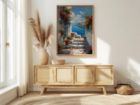 Sidi Bou Said Stairs Wall Decor, Tunisia Red Geranium Print - Textured Impasto Oil Painting