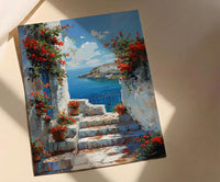 Sidi Bou Said Stairs Wall Decor, Tunisia Red Geranium Print - Textured Impasto Oil Painting