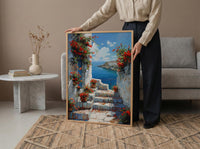 Sidi Bou Said Stairs Wall Decor, Tunisia Red Geranium Print - Textured Impasto Oil Painting