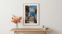 Sidi Bou Said Stairs Wall Decor, Tunisia Red Geranium Print - Textured Impasto Oil Painting