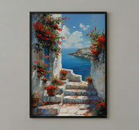 Sidi Bou Said Stairs Wall Decor, Tunisia Red Geranium Print - Textured Impasto Oil Painting