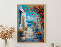 Essaouira Coastal Art Print, Moroccan Yellow Flower Decor - Textured Impasto Oil Painting