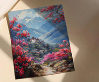 Bhutan Mountain Valley Wall Art, Red Rhododendron Decor - Living Room Decor
