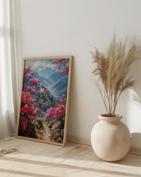 Bhutan Mountain Valley Wall Art, Red Rhododendron Decor - Living Room Decor