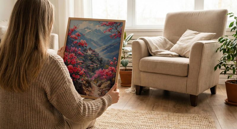 Bhutan Mountain Valley Wall Art, Red Rhododendron Decor - Living Room Decor