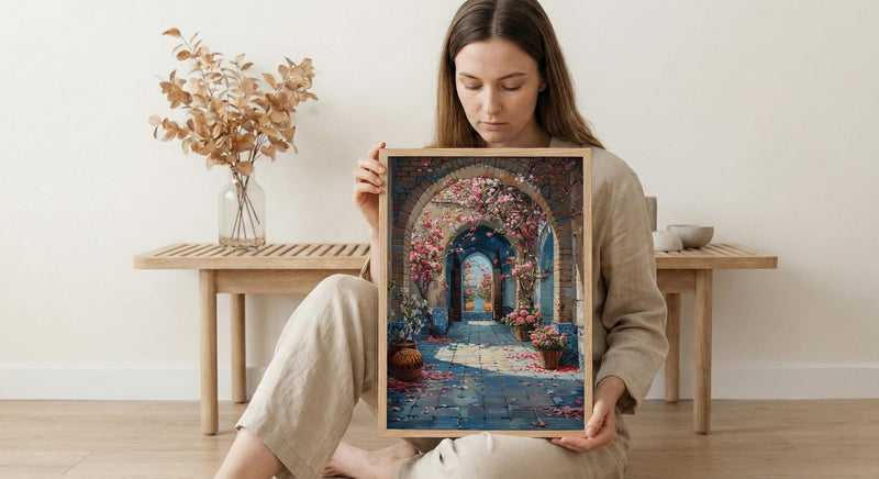 Samarkand Blue Mosaic Poster, Pink Almond Blossom Decor - Entryway Decor Art