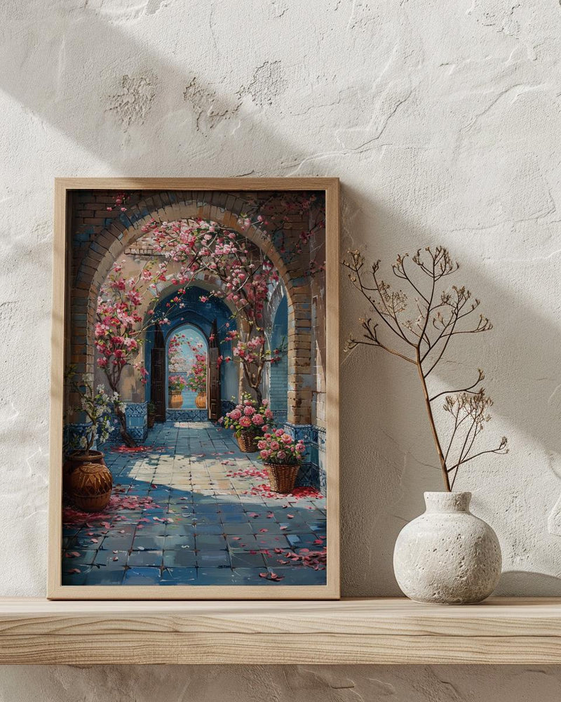 Samarkand Blue Mosaic Poster, Pink Almond Blossom Decor - Entryway Decor Art
