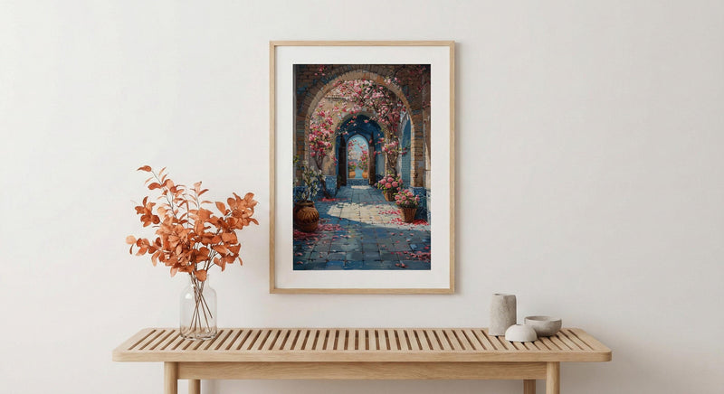 Samarkand Blue Mosaic Poster, Pink Almond Blossom Decor - Entryway Decor Art