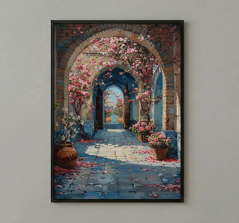 Samarkand Blue Mosaic Poster, Pink Almond Blossom Decor - Entryway Decor Art