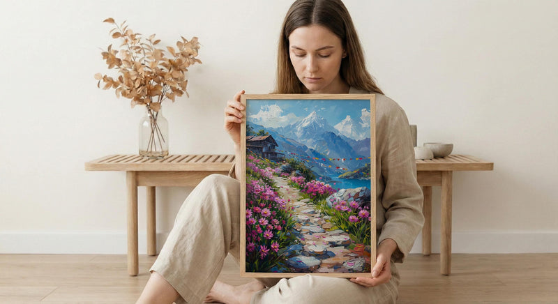 Nepal Himalayas Art Print, Spring Prayer Flags Decor - Thick Oil Painting Style