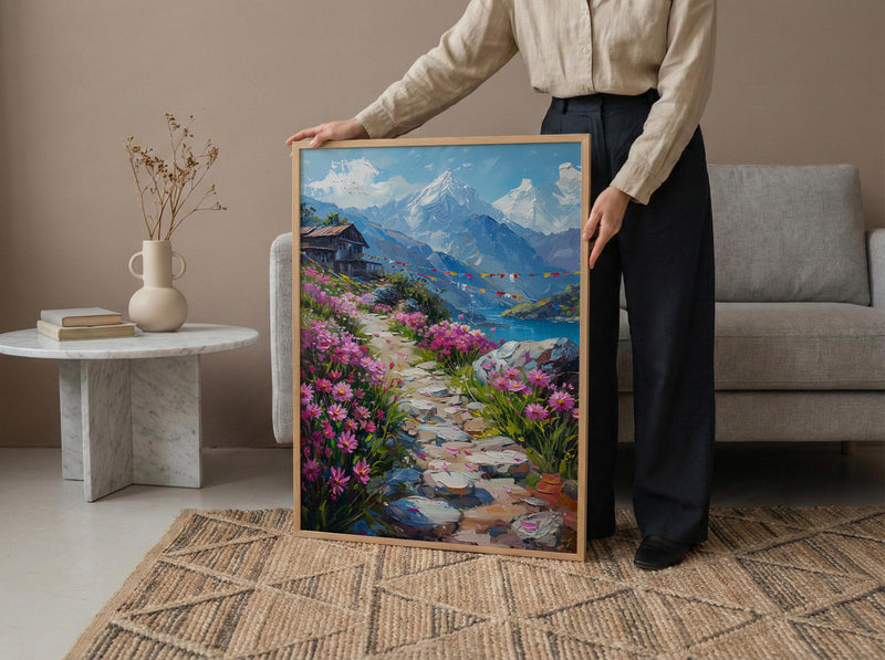 Nepal Himalayas Art Print, Spring Prayer Flags Decor - Thick Oil Painting Style