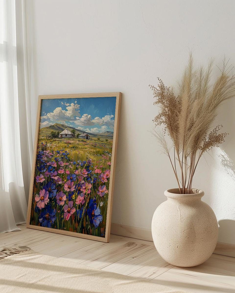Mongolian Steppe Wall Art, White Yurt Spring Landscape - Living Room Decor