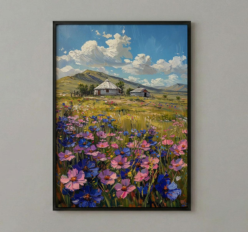 Mongolian Steppe Wall Art, White Yurt Spring Landscape - Living Room Decor
