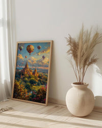 Bagan Hot Air Balloon Poster, Ancient Temple Spring Art - Textured Impasto Oil Painting