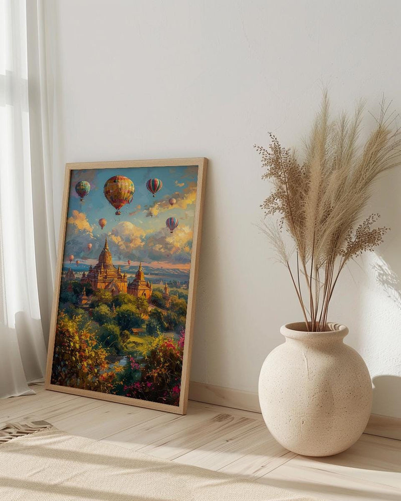Bagan Hot Air Balloon Poster, Ancient Temple Spring Art - Textured Impasto Oil Painting