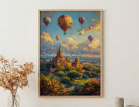 Bagan Hot Air Balloon Poster, Ancient Temple Spring Art - Textured Impasto Oil Painting