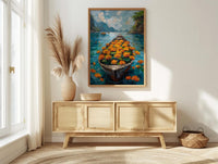 Laos Tropical River Wall Art, Floral Boat Spring Print - Palette Knife Painting Style