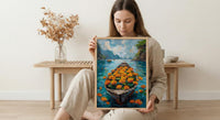 Laos Tropical River Wall Art, Floral Boat Spring Print - Palette Knife Painting Style