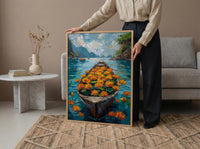 Laos Tropical River Wall Art, Floral Boat Spring Print - Palette Knife Painting Style