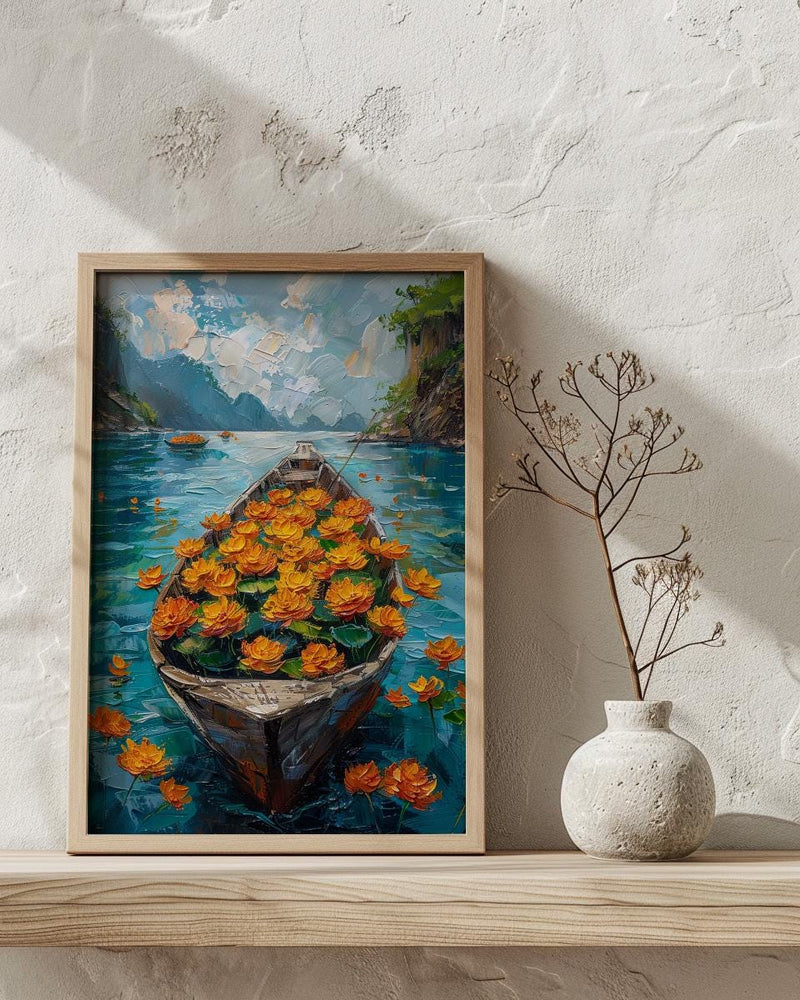Laos Tropical River Wall Art, Floral Boat Spring Print - Palette Knife Painting Style