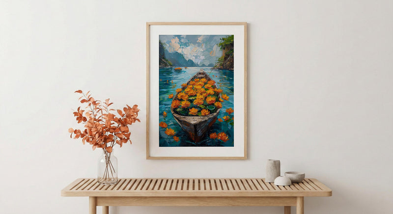 Laos Tropical River Wall Art, Floral Boat Spring Print - Palette Knife Painting Style