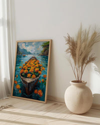 Laos Tropical River Wall Art, Floral Boat Spring Print - Palette Knife Painting Style