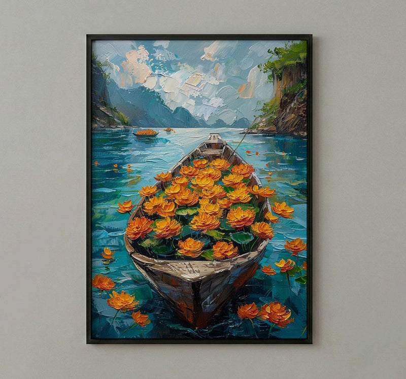 Laos Tropical River Wall Art, Floral Boat Spring Print - Palette Knife Painting Style