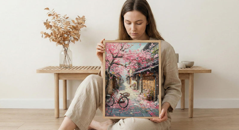 Kyoto Sakura Bicycle Art Print, Pink Cherry Blossom Decor - Housewarming Gift