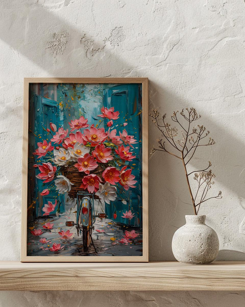 Hanoi Lotus Bicycle Wall Art, Pink Spring Floral Decor - Living Room Decor