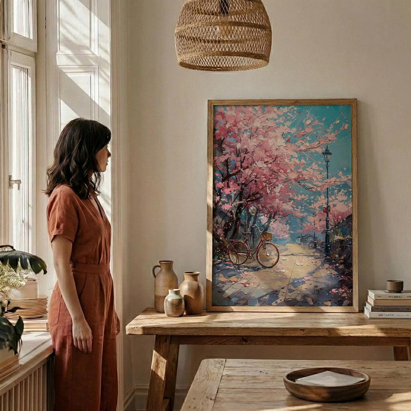Jinhae Cherry Blossom Poster, Retro Bicycle Spring Art - Housewarming Gift