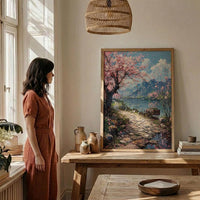 Hangzhou Peach Blossom Wall Decor, Pink Floral Print - Thick Oil Painting Style