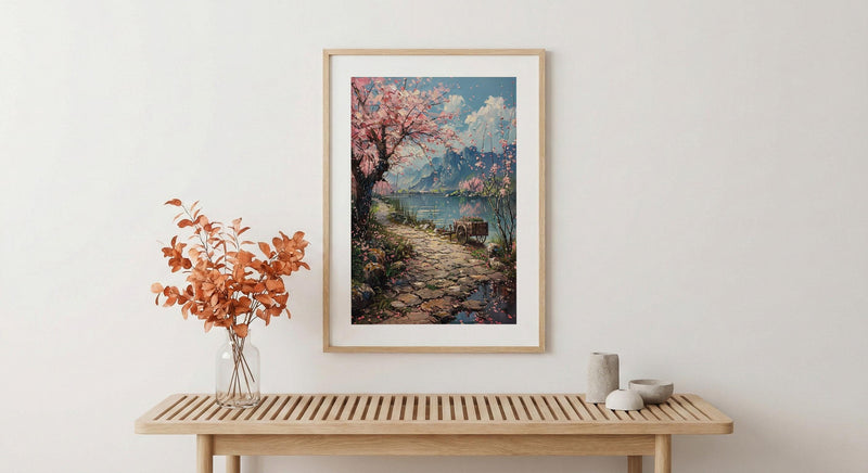 Hangzhou Peach Blossom Wall Decor, Pink Floral Print - Thick Oil Painting Style