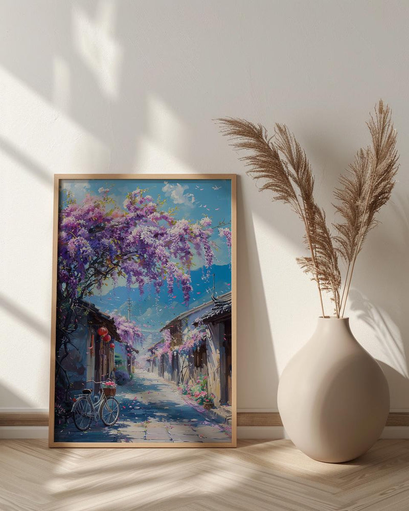 Nara Wisteria Street Poster, Purple Spring Floral Decor - Palette Knife Painting Style